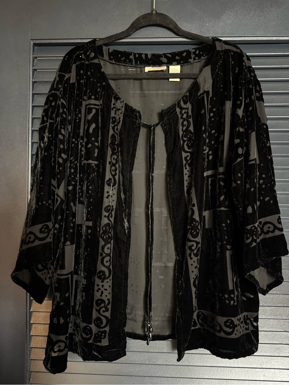 Choices Black Gray Velvet Burnout Kimono Jacket Beaded Tassels L